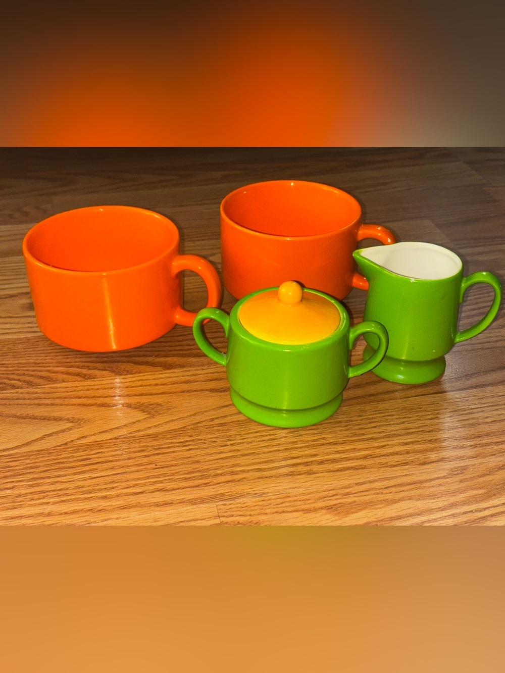 Vintage Japanese tea set. Bright Orange and Green Ceramic Mug and Creamer Set